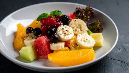 Fruit salad at blow simple garnish with dark background at the top table