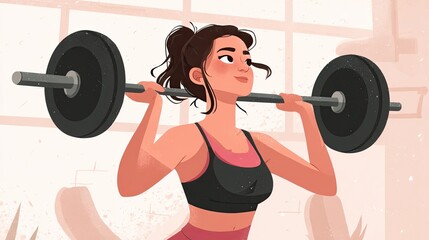 Obraz premium Empowering and Strong illustration A woman lifting weights at the gym determined expression woman lifestyle