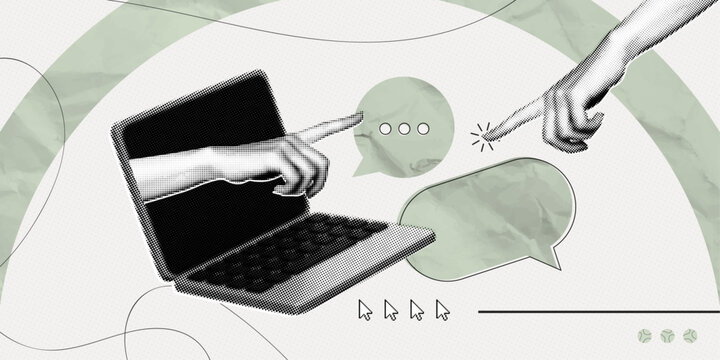 Trendy Halftone Collage Computer Laptop with Hands and Speech bubble messages. Online communication and discussion. Social media chatting. Customer feedback. Contemporary vector art illustration