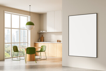 Minimalist kitchen interior with modern dining area and blank poster frame on wall for design mockup and advertising template presentation concept. 3D Rendering