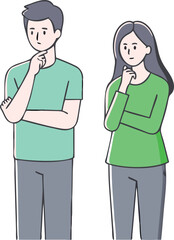 Drawn man and woman in thinking poses contemplating ideas problem solving and making decisions together isolated on white