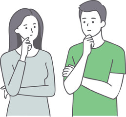 Obraz premium Illustration of a woman and man thinking both with hands on their chin in contemplation