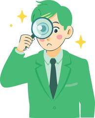 Cartoon Man in Green Suit Inspecting with Magnifying Glass Investigation and Discovery