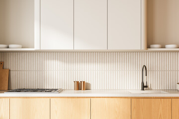 Modern light wood kitchen interior with minimalist design, vertical tile backsplash, white cabinetry, and metal faucet on marble countertop. 3D Rendering
