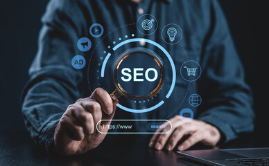 Businessman using magnifying glass to analyze SEO with digital icons around.