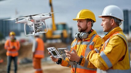 Drone inspection: Two construction workers at construction site conduct drone inspection. Capturing drone inspection for construction and development projects. - Powered by Adobe