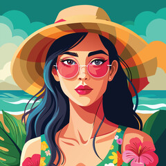 Stylish Woman in Hat and Sunglasses at the Beach with Tropical Flowers and Ocean View