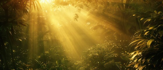 a serene and enchanting golden forest scene golden sunlight filtering through lush green foliage in a dense forest.