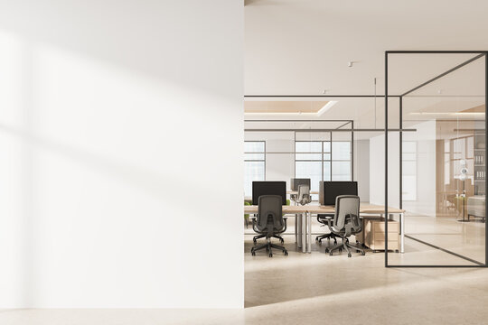Modern office interior with empty white wall for poster mockup and open space workplace layout in daylight environment. 3D Rendering