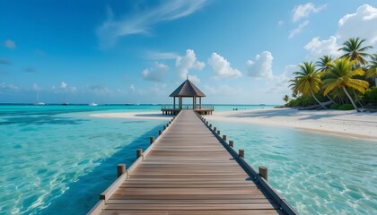 Obraz premium Idyllic tropical beach with wooden pier and turquoise water