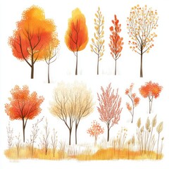 Fototapeta premium A Watercolor Collection of Autumn Trees and Grasses