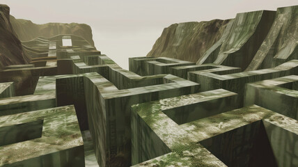 Retro old maze puzzle wall on mountain complexity escape confusion top angle.
