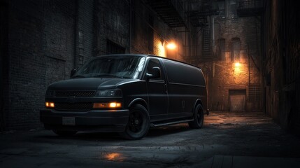 Fototapeta premium Dark van in urban alley at night