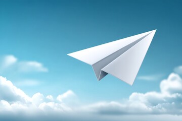 White paper airplane flying in blue sky with clouds, business and travel concept