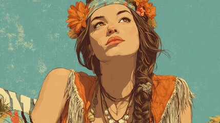 Vintage and Retro illustration A 1970s hippie woman at a music festival flower crown and fringe vest woman lifestyle