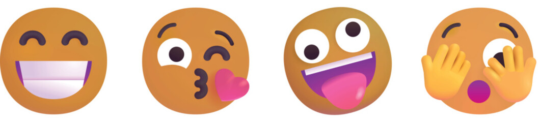 Emoji Faces Set – Beaming Smile, Kiss Blow, Zany, Peeking Eye
