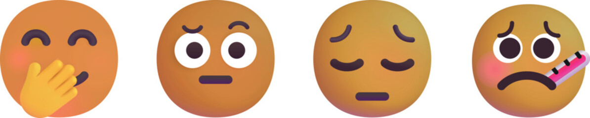 Emoji Faces Set – Hand Over Mouth, Raised Brow, Pensive, Thermometer
