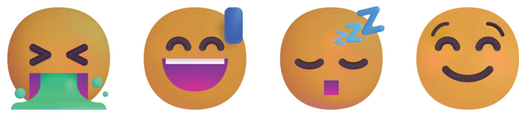 Emoji Faces Set – Vomiting, Sweaty Grin, Sleeping, Smile
