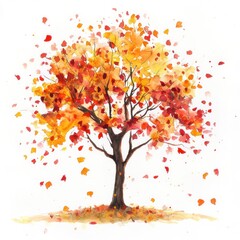 Fototapeta premium A Watercolor Painting of an Autumn Tree Losing its Leaves