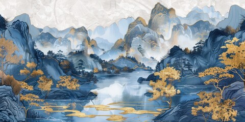 Ink landscape painting national trend decorative painting golden palace, blue and gold style, gold pen outline art ancient gold line.