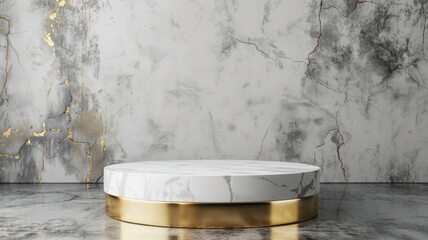 White Marble And Gold Cylinder Stage Podium On A Glossy Gray Background For Product Presentations on marble wall background.