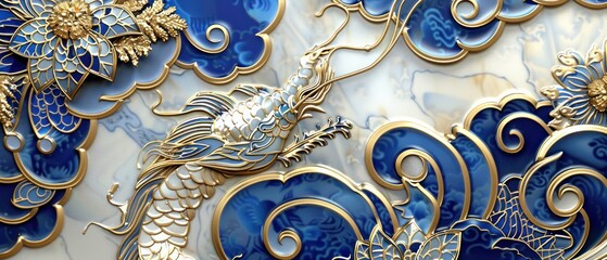 Close up blue white ceramic cup bowl chinese line flower pattern glossy gold elegance tradition.