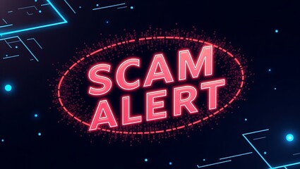 Bold and striking 'Scam Alert' graphic, using neon colors and digital elements to convey urgency and caution.