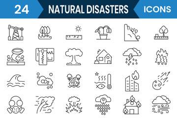 Natural disaster icon, vector set.  Natural pollution, earthquake, volcano, tsunami, desert, drought, disaster,  flood, tsunami editable stroke icons. Vector illustration.