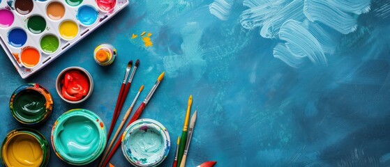 a scene of a craft room with art supplies arranged in a grid, including paints, brushes, and canvases, inspiring artistic expression and creativity in hobbyists.