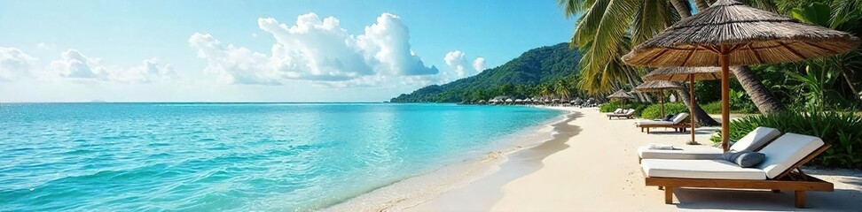 Luxury umbrella resort nestled on a pristine beach, offering ultimate relaxation and breathtaking ocean views Enjoy the tranquil atmosphere and lavish amenities , clear water, view, coconut trees