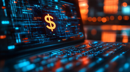 Digital currency laptop interface dollar sign glowing on screen for fintech or financial investment