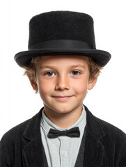 Portrait of Smiling Boy in Vintage Suit and Top Hat on White Background