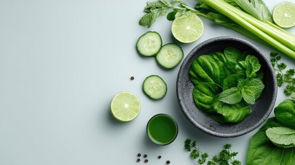 Obraz premium Alkaline foods for uric acid by remedy and metabolism balance concept. Fresh green ingredients including spinach, celery, and lime.