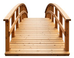 A wooden bridge with a curved design.