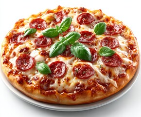 Photo pizza with melted cheese, pepperoni, and fresh basil, isolated on a white background