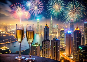 Champagne toasts and vibrant fireworks illuminate Hong Kong's stunning New Year's Eve cityscape.