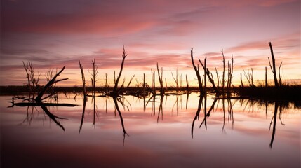 Obraz premium Serene sunset over calm water with vibrant gradient sky transitioning from deep purple to soft pink and orange, mirrored perfectly on the tranquil surface. Dark, bare tree branches emerge from the wat