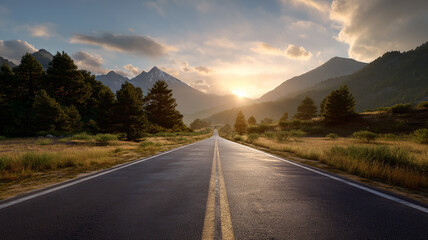 Open Highway Leading Toward Sunrise in Mountain Landscape