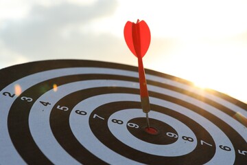 Targeting. Dart board with arrow outdoors, closeup