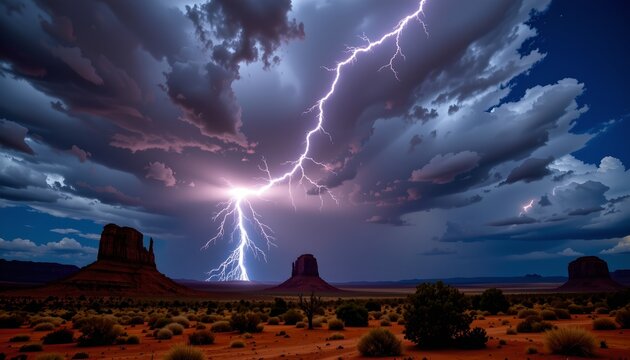 a photograph of a nighttime thunderstorm over a desert landscape - Powered by Adobe