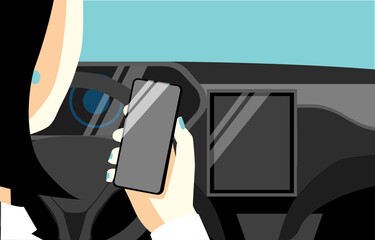 Woman syncing a smartphone with the smart screen of an electric car vector