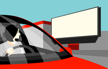 Woman driving a red electric car looking at a blank billboard for mockup