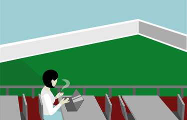 Woman working remotely on a laptop at an outdoor cafe vector illustration