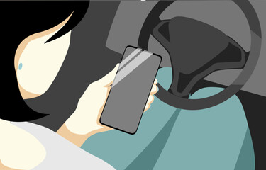 Woman in a car using a smartphone for GPS navigation vector illustration