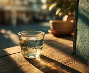 Glass of Water on Wooden Table in Sunlight by Window