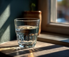 Glass of Water on Wooden Table in Sunlight by Window