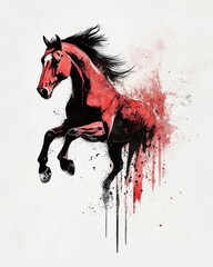 A Red Horse Leaps Through Abstract Watercolor Splashes
