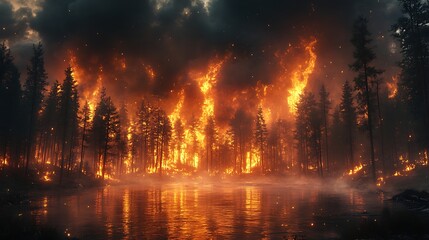 Fototapeta premium Intense Forest Fire Reflecting in Water High Resolution Picture