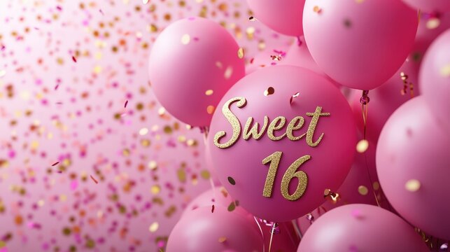 Sweet 16 text on pink balloons and confetti on festive background