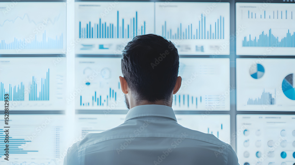 Poster a professional analyzing multiple digital data dashboards with charts and graphs on large screens.
